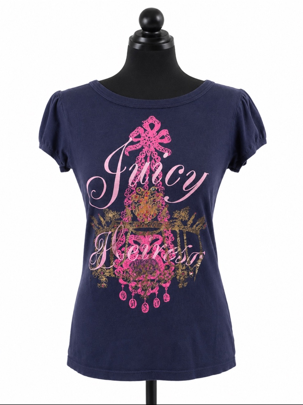 Juicy Couture Royalty Graphic Tee M Navy Pink Gold Y2K
